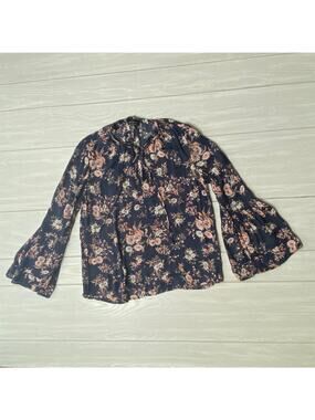 Lucky Brand Women's Navy Blue Floral Poet Long Sleeve Blouse Size Medium